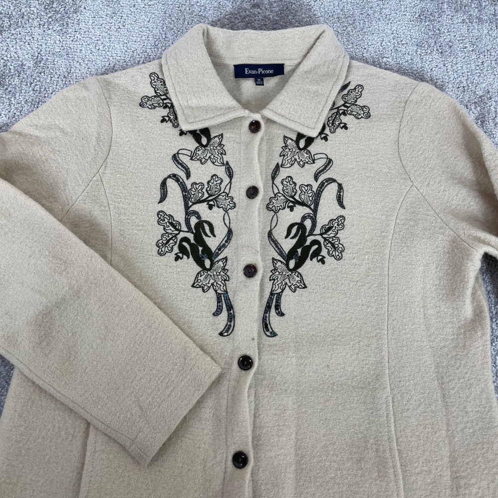 Evan Picone Coat Womens Medium Wool Embroidered Sequin Button Up Beige Jacket